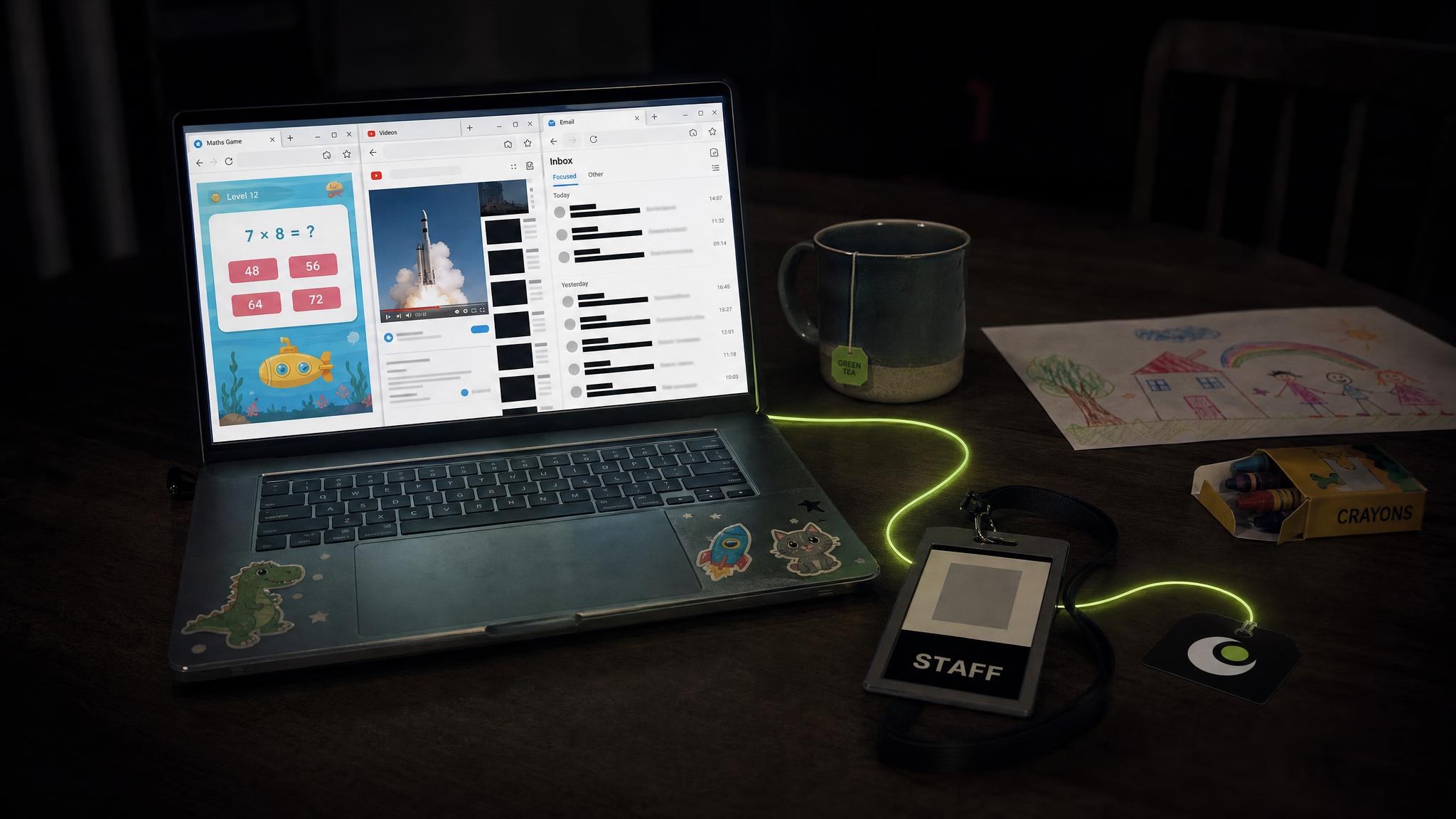 A sticker-covered family laptop on a kitchen table at night, open on a children's game and a work inbox, joined by a lime thread to a staff badge on a lanyard and a tag bearing the Seer mark.