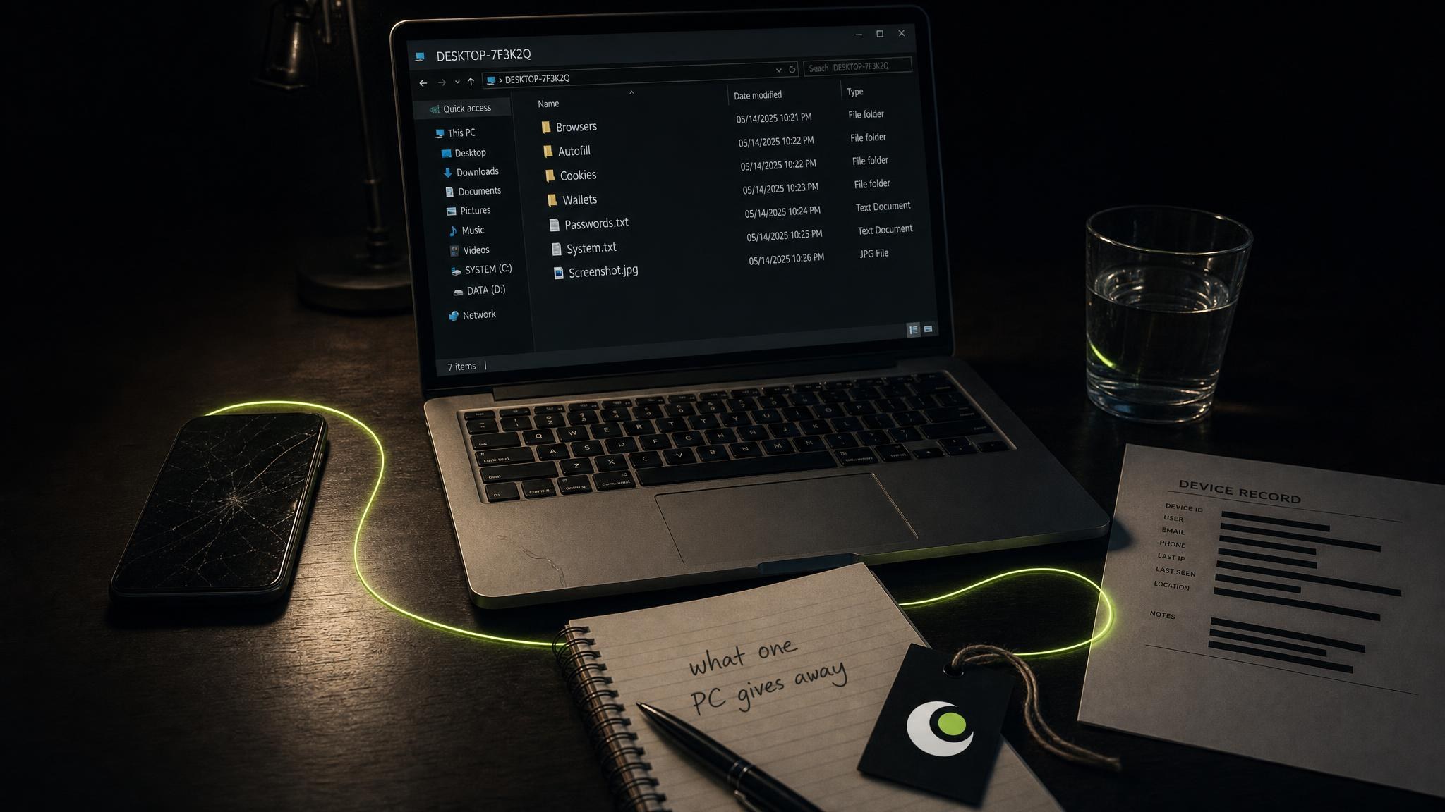 A laptop on a dark desk showing a folder from one computer, with browsers, autofill, cookies, wallets, passwords and system files, beside a notebook reading "what one PC gives away" and a lime thread running to a tag bearing the Seer mark.